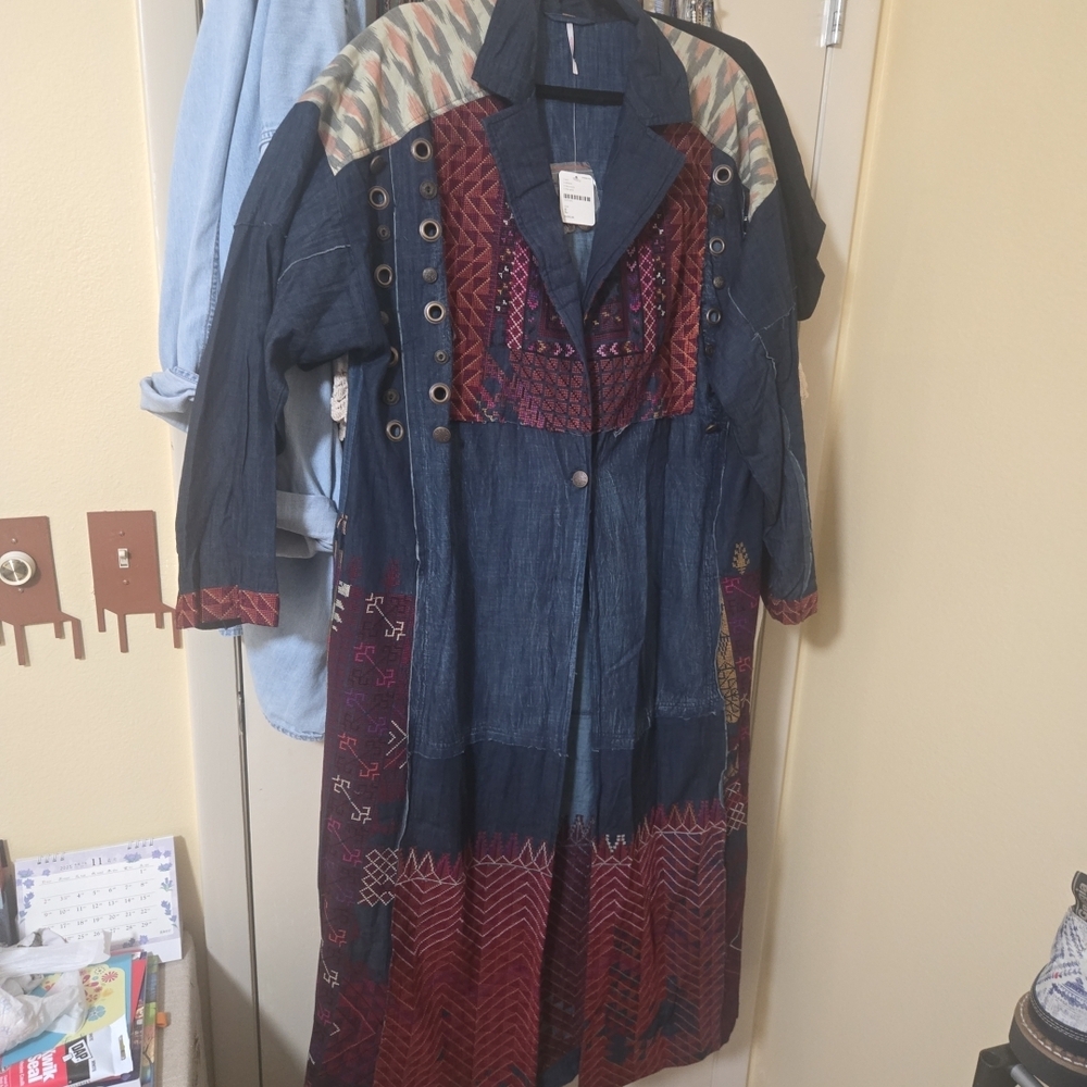 Boho Patchwork Maxi Jacket in Navy and Burgundy N… - image 1